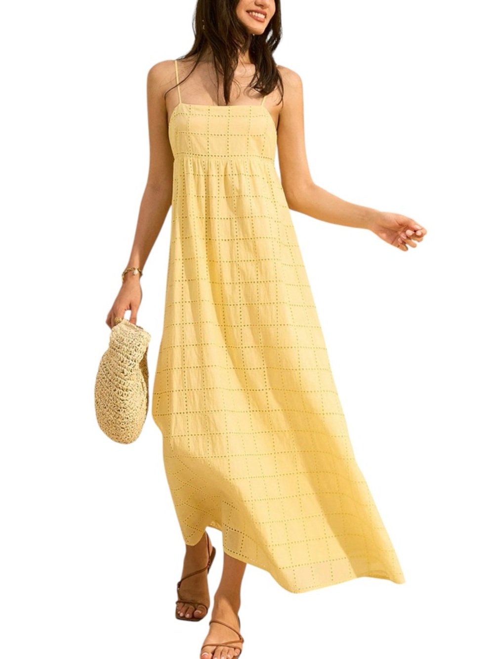 Commense 100% Cotton Yellow Eyelet Maxi Sun Dress Small NWT Spring Summer